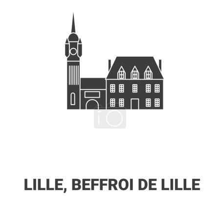France, Lille, Beffroi De Lille, illustration vectorielle de ligne de repère de voyage