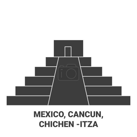 Illustration for Mexico, Cancun, Chichen Itza travel landmark line vector illustration - Royalty Free Image