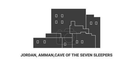 Ilustración de Jordania, Ammán, Cueva de los Siete Durmientes, recorrido hito línea vector ilustración - Imagen libre de derechos