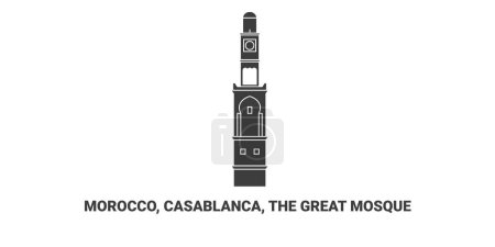 Téléchargez les illustrations : Maroc, Casablanca, La Grande Mosquée, illustration vectorielle de ligne de repère de voyage - en licence libre de droit