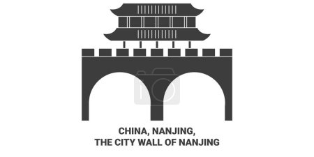 Téléchargez les illustrations : Chine, Nankin, le mur de la ville de Nankin Voyage illustration vectorielle ligne historique - en licence libre de droit