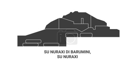 Ilustración de Italia, Su Nuraxi Di Barumini, Su Nuraxi recorrido hito línea vector ilustración - Imagen libre de derechos