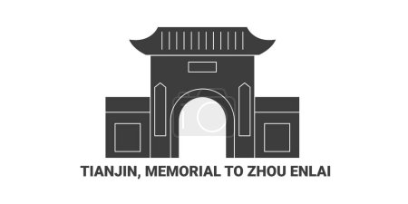 Téléchargez les illustrations : Chine, Tianjin, Mémorial à Zhou Enlai, illustration vectorielle de ligne de repère de voyage - en licence libre de droit