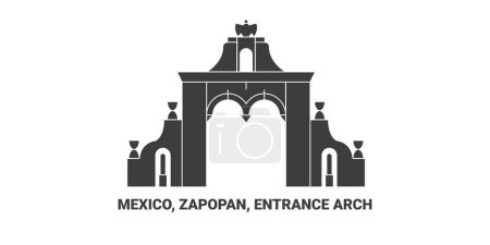 Téléchargez les illustrations : Mexique, Zapopan, Arc d'entrée, illustration vectorielle de ligne de repère de voyage - en licence libre de droit