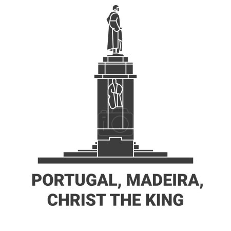 Téléchargez les illustrations : Portugal, Madère, Christ Le Roi illustration vectorielle de ligne de voyage historique - en licence libre de droit