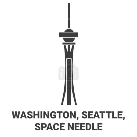 Téléchargez les illustrations : États-Unis, Washington, Seattle, Space Needle Travel illustration vectorielle de ligne de repère - en licence libre de droit