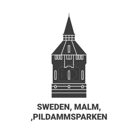 Téléchargez les illustrations : Suède, Malmo, Pildammsparken voyages illustration vectorielle de ligne historique - en licence libre de droit