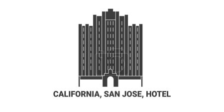 Téléchargez les illustrations : États-Unis, Californie, San Jose, Hôtel, illustration vectorielle de ligne de repère de voyage - en licence libre de droit