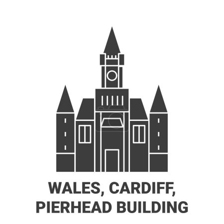 Téléchargez les illustrations : Pays de Galles, Cardiff, Pierhead Building illustration vectorielle de ligne de voyage - en licence libre de droit