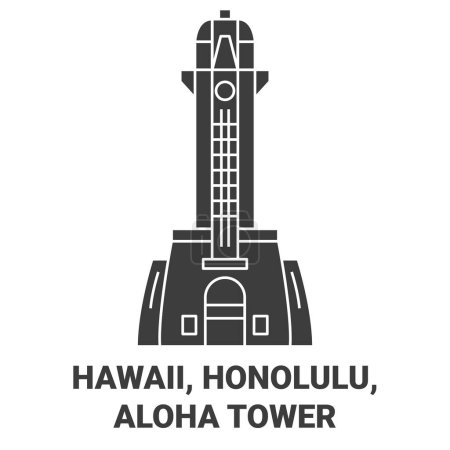 Téléchargez les illustrations : États-Unis, Hawaï, Honolulu, Aloha Tower illustration vectorielle de ligne de voyage - en licence libre de droit