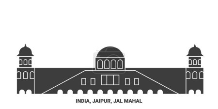 Téléchargez les illustrations : Inde, Jaipur, Jal Mahal illustration vectorielle de ligne de voyage historique - en licence libre de droit