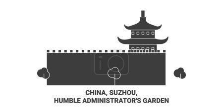 Téléchargez les illustrations : Chine, Suzhou, Humble Administrators Illustration vectorielle de ligne de voyage de jardin - en licence libre de droit