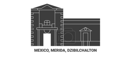 Téléchargez les illustrations : Mexique, Merida, Dzibilchalton voyages illustration vectorielle de ligne historique - en licence libre de droit