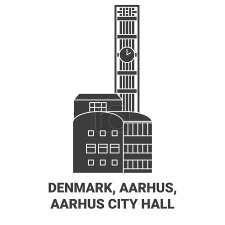 Téléchargez les illustrations : Danemark, Aarhus, Aarhus City Hall illustration vectorielle de ligne de voyage - en licence libre de droit