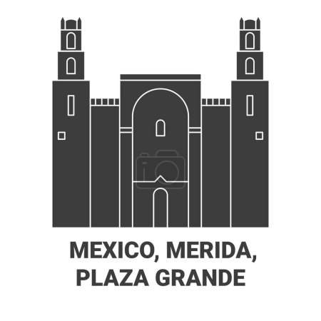 Illustration for Mexico, Merida, Plaza Grande travel landmark line vector illustration - Royalty Free Image