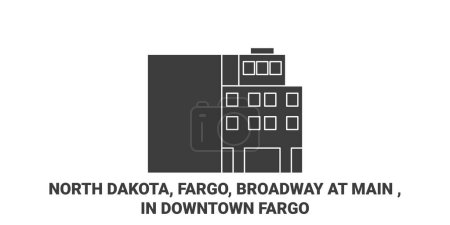 Téléchargez les illustrations : États-Unis, Dakota du Nord, Fargo, Broadway at Main, In Downtown Fargo travel landmark line vector illustration - en licence libre de droit