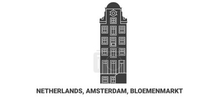 Téléchargez les illustrations : Pays-Bas, Amsterdam, Bloemenmarkt, illustration vectorielle de ligne de repère de voyage - en licence libre de droit