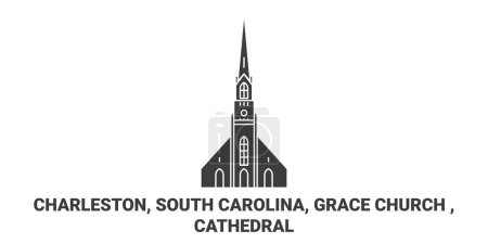 Téléchargez les illustrations : États-Unis, Charleston, Caroline du Sud, Grace Church, illustration vectorielle de ligne de voyage de la cathédrale - en licence libre de droit