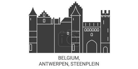 Téléchargez les illustrations : Belgique, Anvers, Steenplein illustration vectorielle de ligne de voyage - en licence libre de droit