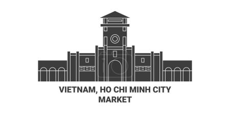 Téléchargez les illustrations : Vietnam, Ho Chi Minh Ville, Bn Thnh Market illustration vectorielle de ligne de voyage historique - en licence libre de droit