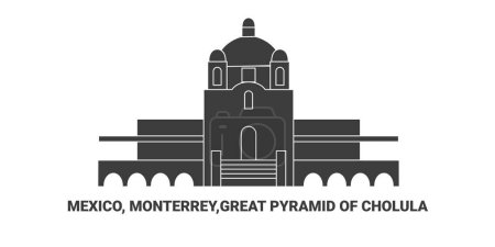 Ilustración de México, Monterrey, Gran Pirámide de Cholula, ilustración de vector de línea de referencia de viaje - Imagen libre de derechos