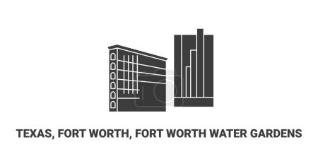 Téléchargez les illustrations : États-Unis, Texas, Fort Worth, Fort Worth Water Gardens, illustration vectorielle de ligne de repère de voyage - en licence libre de droit