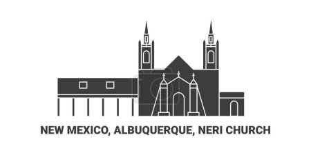 Ilustración de Estados Unidos, Nuevo México, Albuquerque, Iglesia de Neri, ilustración de vector de línea de referencia de viaje - Imagen libre de derechos