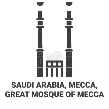 Téléchargez les illustrations : Arabie Saoudite, La Mecque, Grande Mosquée de La Mecque voyages illustration vectorielle ligne historique - en licence libre de droit