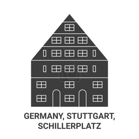 Téléchargez les illustrations : Allemagne, Stuttgart, Schillerplatz illustration vectorielle de ligne de voyage - en licence libre de droit