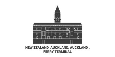 Téléchargez les illustrations : Nouvelle-Zélande, Auckland, Auckland, Ferry Terminal illustration vectorielle de ligne de voyage historique - en licence libre de droit