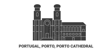 Ilustración de Portugal, Oporto, Catedral de Oporto, ilustración de vector de línea de referencia de viaje - Imagen libre de derechos