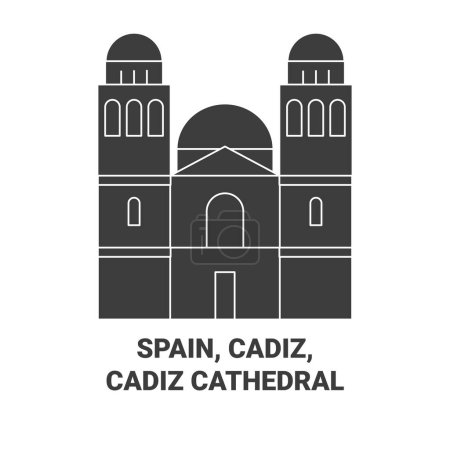 Téléchargez les illustrations : Espagne, Cadix, Cathédrale de Cadix illustration vectorielle de ligne de voyage - en licence libre de droit