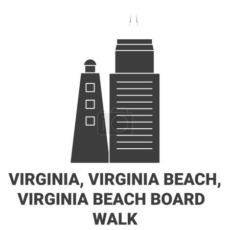 Téléchargez les illustrations : États-Unis, Virginie, Virginia Beach, Virginia Beach Boardwalk Travel illustration vectorielle de ligne historique - en licence libre de droit