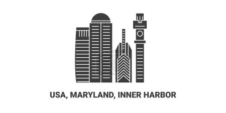 Téléchargez les illustrations : États-Unis, Maryland, Inner Harbor, illustration vectorielle de ligne de repère de voyage - en licence libre de droit