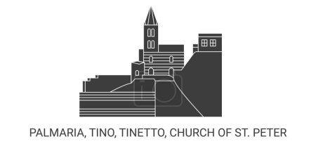 Ilustración de Italia, Palmaria, Tino, Tinetto, Iglesia de San Pedro viaje hito línea vector ilustración - Imagen libre de derechos