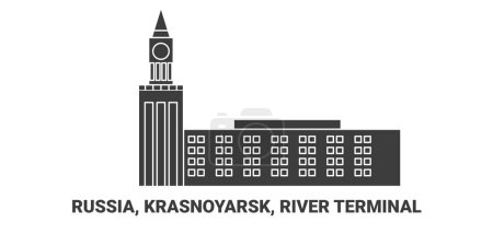 Téléchargez les illustrations : Russie, Krasnoïarsk, illustration vectorielle de ligne de voyage du terminal fluvial - en licence libre de droit