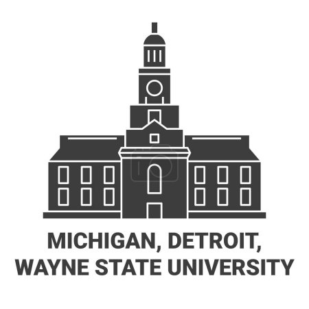 Téléchargez les illustrations : États-Unis, Michigan, Detroit, Wayne State University Travel Landmark Line Vector Illustration - en licence libre de droit