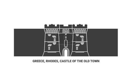 Ilustración de Grecia, Rodas, Castillo de la Ciudad Vieja viaje hito línea vector ilustración - Imagen libre de derechos