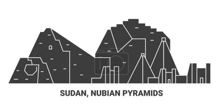 Téléchargez les illustrations : Soudan, Pyramides nubiennes, illustration vectorielle de ligne de repère de voyage - en licence libre de droit