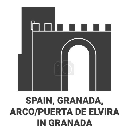 Téléchargez les illustrations : Espagne, Grenade, Arco Puerta De Elvira Illustration vectorielle de ligne de voyage à Grenade - en licence libre de droit