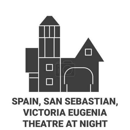 Ilustración de España, San Sebastián, Victoria Eugenia Teatro Por la noche viaje hito línea vector ilustración - Imagen libre de derechos