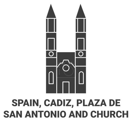 Téléchargez les illustrations : Espagne, Cadix, Plaza De San Antonio Et illustration vectorielle de ligne de voyage de l'église - en licence libre de droit