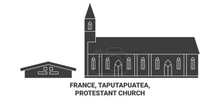 Illustration for France, Taputapuatea, Protestant Church travel landmark line vector illustration - Royalty Free Image