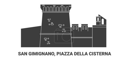 Ilustración de Italia, San Gimignano, Piazza Della Cisterna, ilustración del vector de línea de referencia de viaje - Imagen libre de derechos