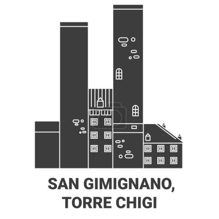 Ilustración de Italia, San Gimignano, Torre Chigi recorrido hito línea vector ilustración - Imagen libre de derechos