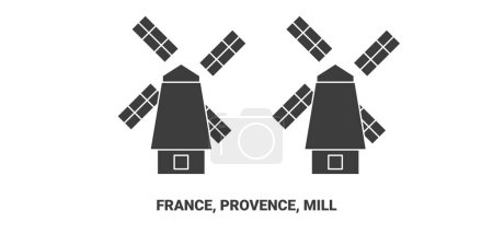 Téléchargez les illustrations : France, Provence, Moulin Voyage illustration vectorielle de ligne historique - en licence libre de droit
