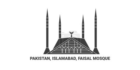 Téléchargez les illustrations : Pakistan, Islamabad, Mosquée Faisal, illustration vectorielle de ligne de repère de voyage - en licence libre de droit