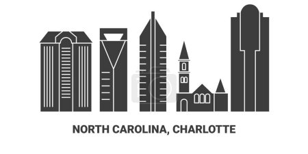 Téléchargez les illustrations : États-Unis, Caroline du Nord, Charlotte illustration vectorielle de ligne de voyage historique - en licence libre de droit