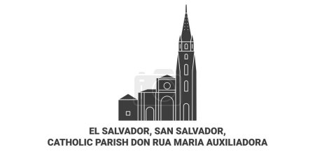 Téléchargez les illustrations : El Salvador, San Salvador, Paroisse catholique Don Rua Maria Auxiliadora voyages illustration vectorielle de ligne historique - en licence libre de droit