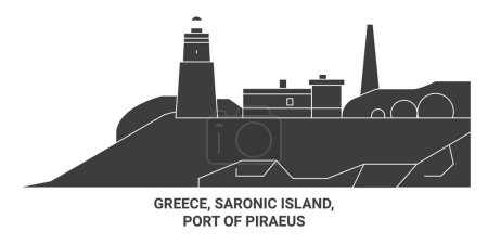 Téléchargez les illustrations : Grèce, Île Saronique, Port du Pirée illustration vectorielle de ligne de voyage historique - en licence libre de droit